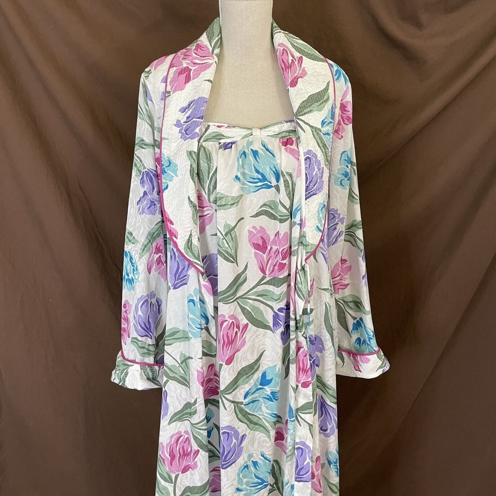 MARY MCFADDEN Pegnoir Set Long Gown & Robe Floral Satin LARGE Womens USA Vintage